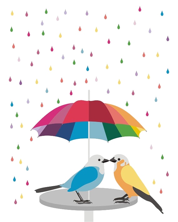 Birds under umbrella (raining)